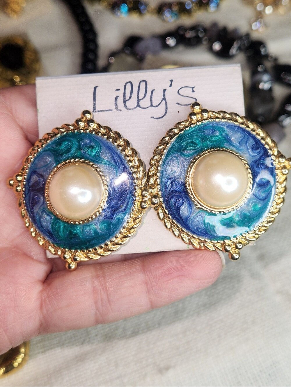 Vintage Goldtone Pearl Accent Blue-Green Enamel Post Earrings Deadstock